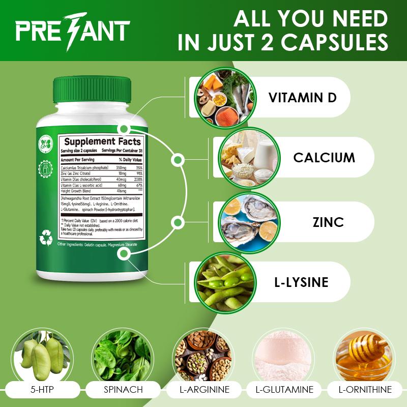 PRETANT-Growth Capsules to Grow Taller - Height Increase Maximizer with Calcium for Bone Strength -Natural Get Taller Supplement - Dietary Edible Healthcare Fitness