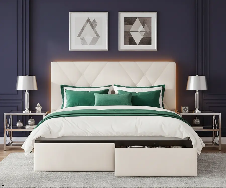 【2 Storage Drawers】Queen Size Bed Frame with 45''H Adjustable Velvet Headboard,900Lbs Overload Capacity,Sturdy & Stable Structure,Central Support,Upholstered Platform LED Bed Frame with USB Outlet,No Mattress,No Noise,Help you fall into a deep Sleep