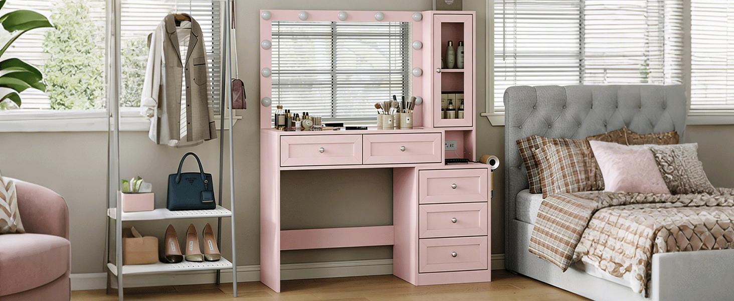 CollaredEagle 43" W Vanity Desk with Mirror & 11 Lights, 5 Drawer Modern Makeup Desk with Glass top  3 Lighting Modes Brightness Adjustable,,Vanity Table with Power Outlet.