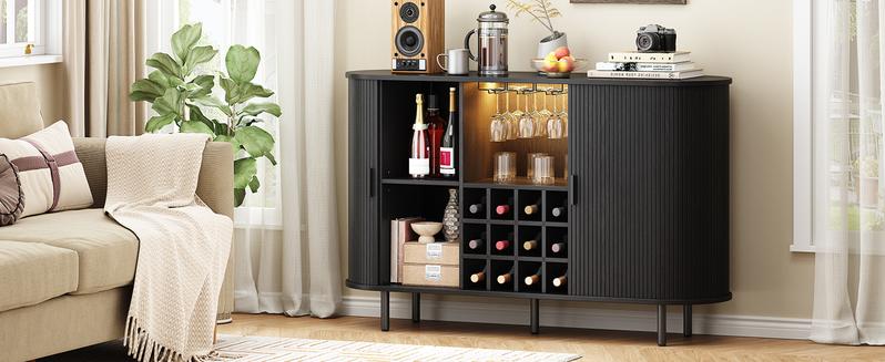 【Valentine's Day Gift】ONBRILL 54.6'' Modern Bar Cabinet With Adjustable Shelves & RGB Lights, Wine Cabinet With Wine Glass Holder & Wine Rack
