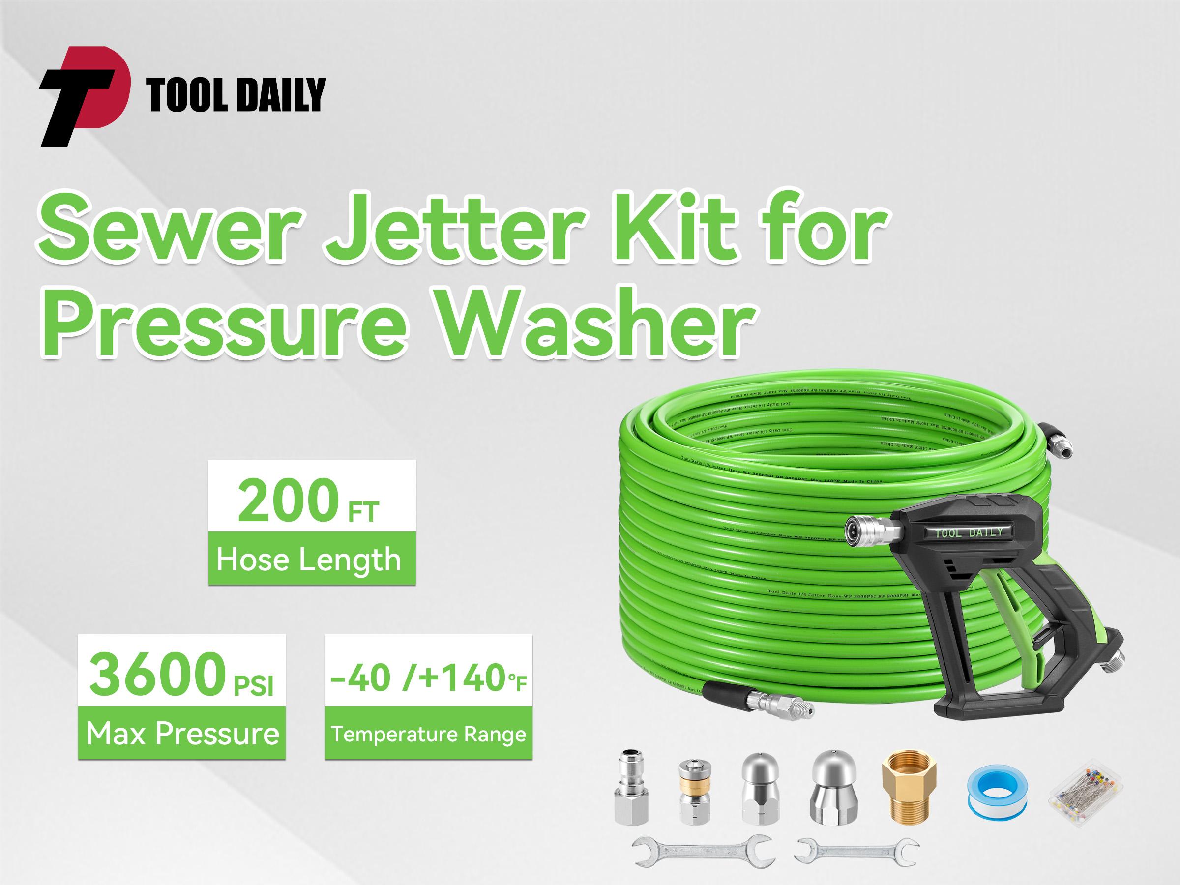 Tool Daily Sewer Jetter Kit for Power Washer 100 FT Heavy Duty Hose,Short Spray Lance,Drain Cleaning,1/4 Inch NPT,Sewer Jetting Nozzle,3600 PSI