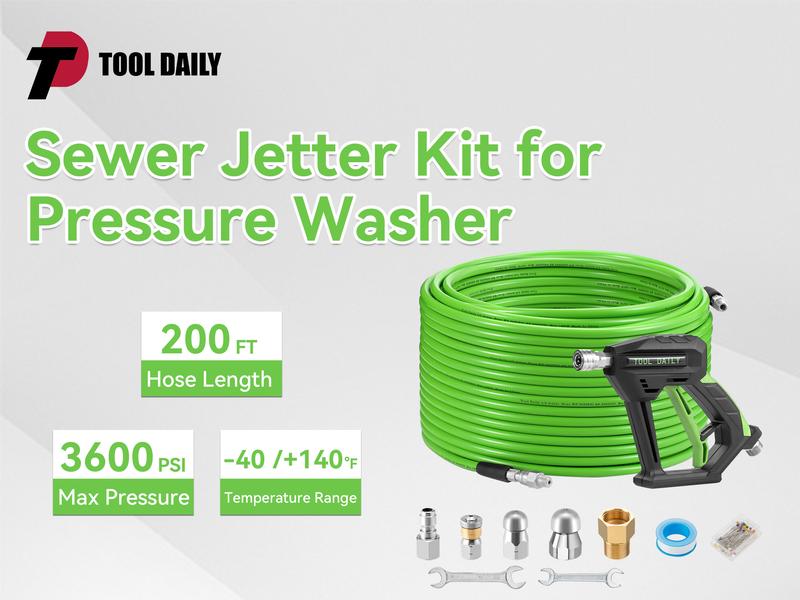 Tool Daily Sewer Jetter Kit for Power Washer 100 FT Heavy Duty Hose,Short Spray Lance,Drain Cleaning,1/4 Inch NPT,Sewer Jetting Nozzle,3600 PSI