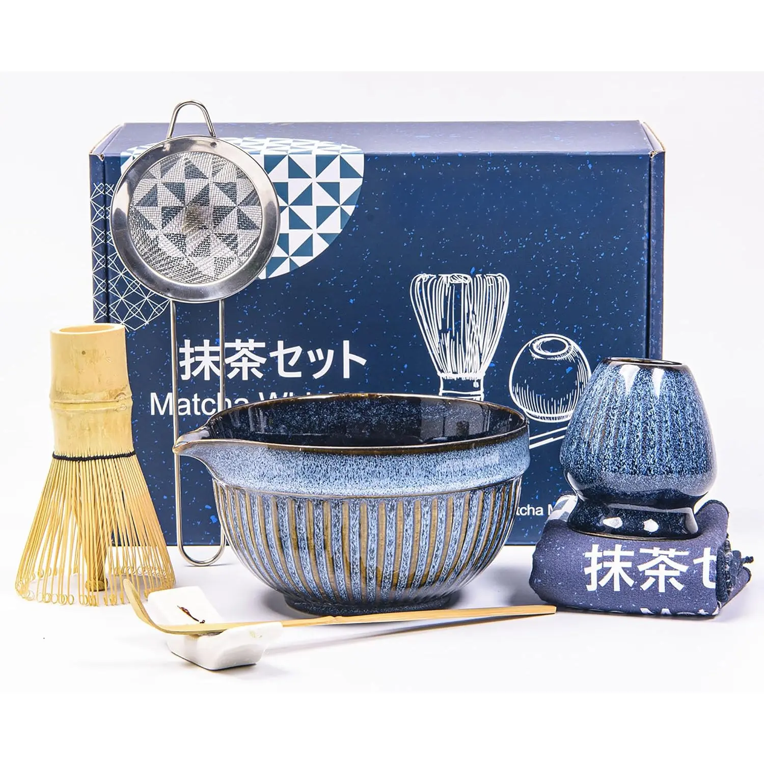 Whisk Set 7 count - Includes Matcha Bowl with Spout, Whisk, Scoop, Ceramic Holders, Stainless Sifter, Towel - Matcha Starter Kit for Ceremony, Making Tools