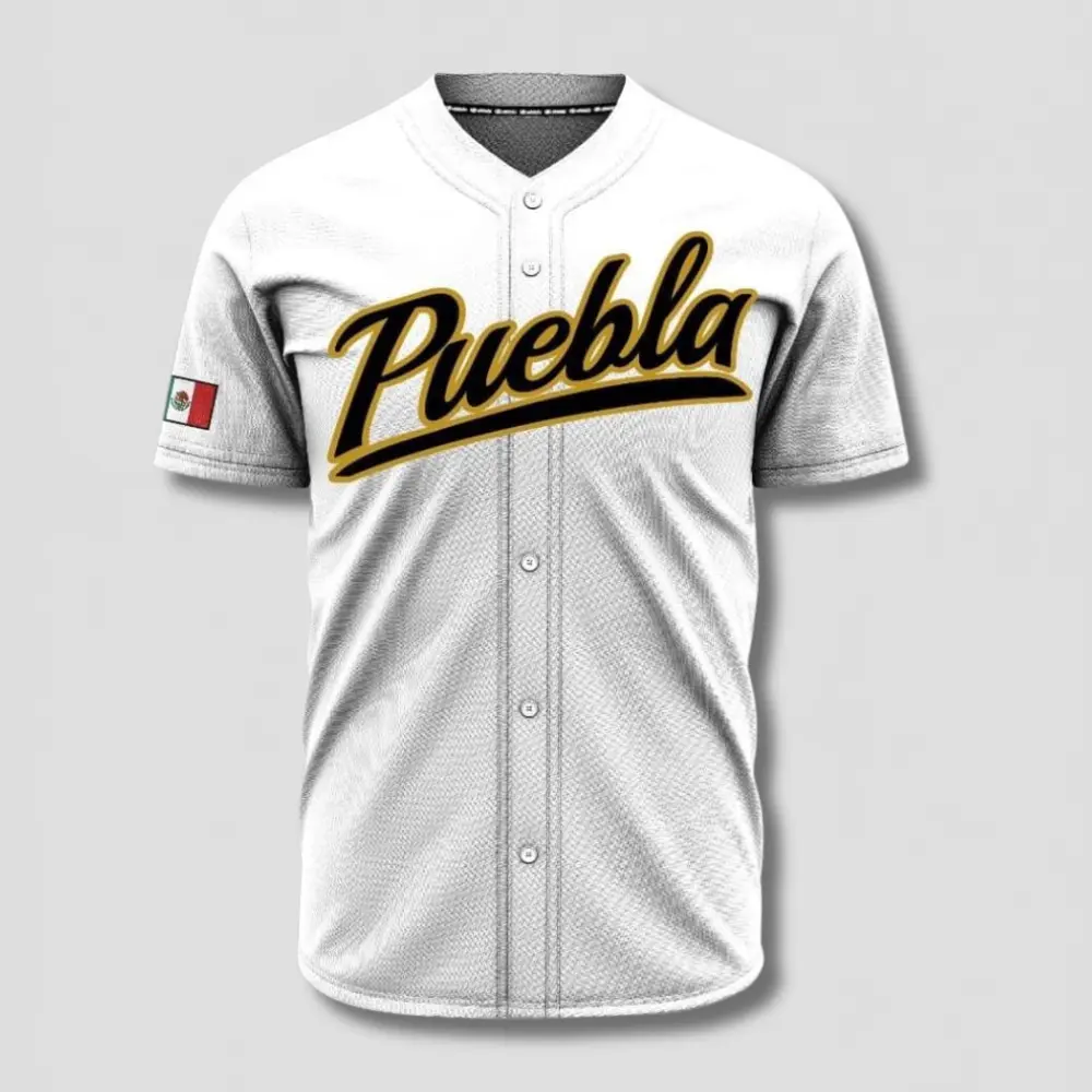 Puebla Baseball Jersey – Mexico Heritage Button-Up Sports Shirt, Classic Script Graphic Athletic Jersey, Breathable Mesh Baseball Top, Casual Fan Apparel Gift for Men & Women