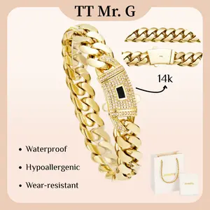 14K Gold Plated Cuban Link Bracelet with New “S” Logo Clasp for Men & Women, Hip Hop Street Style Stainless Steel Bracelet, Waterproof Hypoallergenic Tarnish-Resistant Jewelry, Gift Box Included