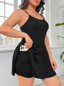 [Plus Size]Plain Backless Pocket 2 IN 1 Cami Dress, Casual Adjustable Strap Short Dress, Women's Plus Size Clothing for Daily Wear, Summer Dresses 2025