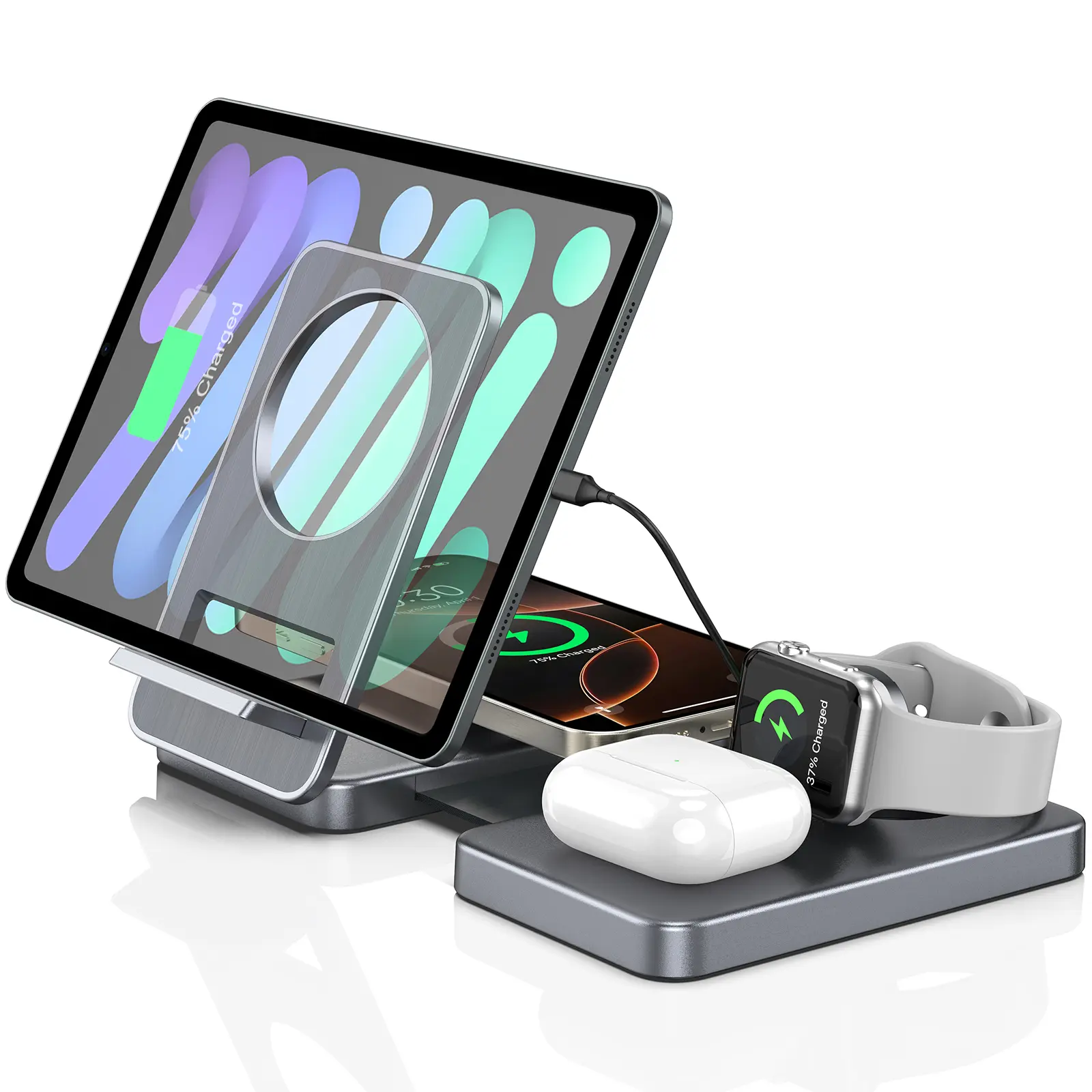 4-in-1 wireless charger charging station compatible with Apple, Samsung, and Android devices – comes with a 45W power adapter, suitable for iPhone / Samsung Galaxy / Google Pixel / iPad / Samsung Tab / other tablets / earphones / Apple Watch,Foldable.CE41