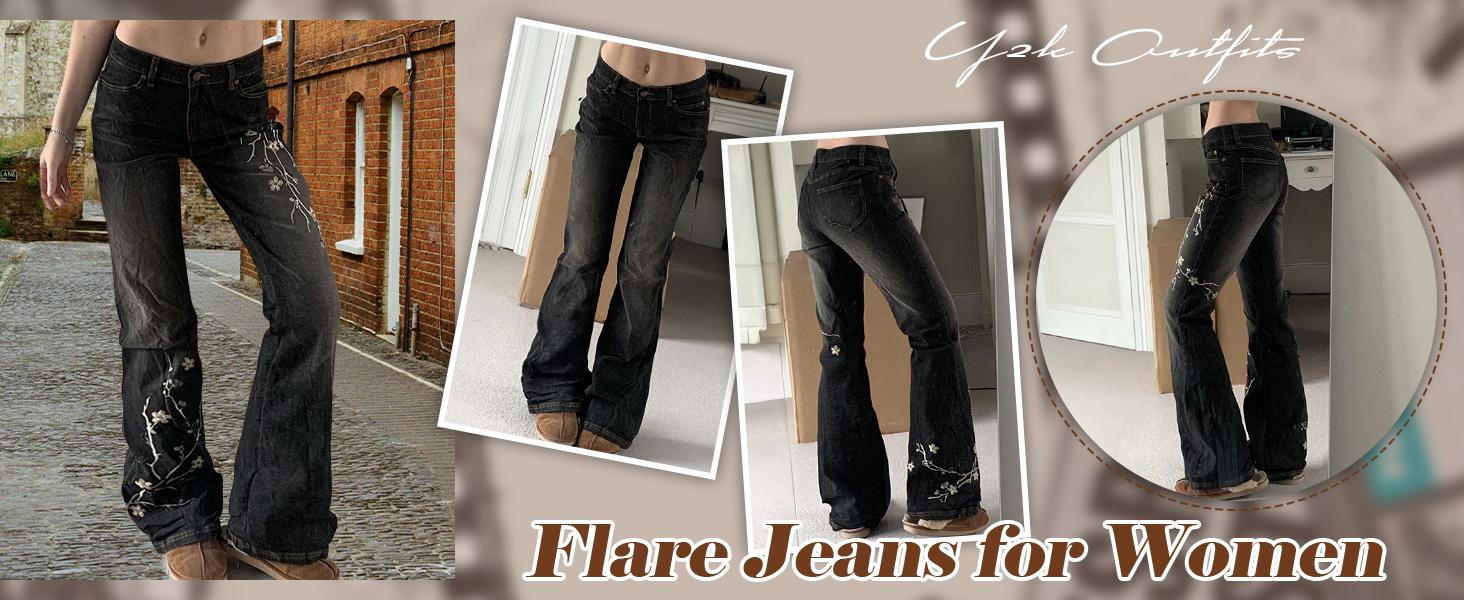 EMMIOL Women's Bell Bottom Jeans Stretchy Flare Mid Rise Embroidery Bell Bottom Vintage Denim Jeans 90s Outfits Y2k Clothes