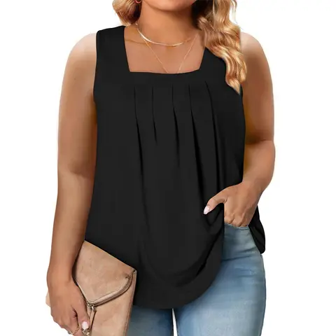 Eytino Women Plus Size Tank Tops Summer Casual Square Neck Pleated Sleeveless Blouse Shirts(1X-5X)