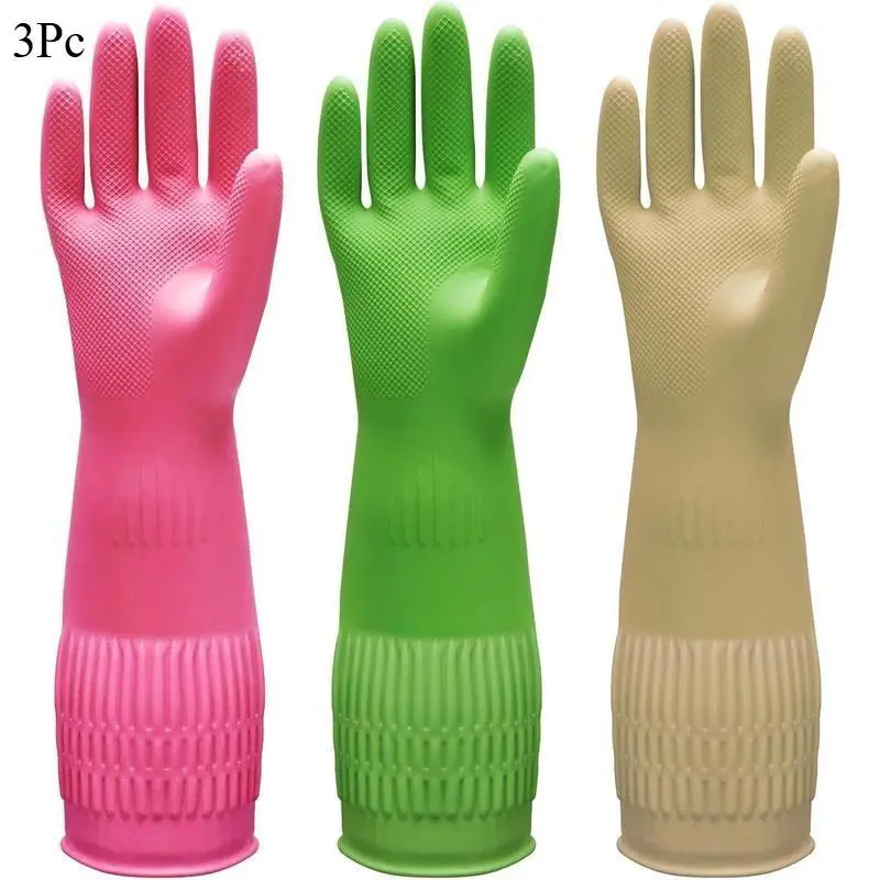 Antislip Protection Large Rubber Dishwashing Gloves - 3/1 Pairs, 15" Long Cuff, Flexible Long-Lasting, for Kitchen Household Cleaning (Red+Yellow+Green, X-Large), Antislip Cleaning Gloves, Large Cleaning Gloves backtoschool