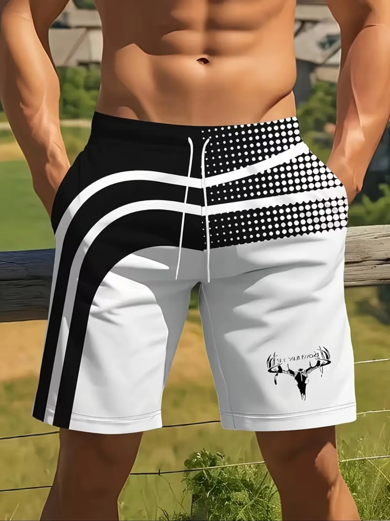 Men's 3D Print Geometric Stripe Summer Beach Pants, Adjustable Drawstring Waist, Casual Fitted Style for Beach & Summer Outings, Swim Shorts, Swim Trunks, Swimming Trunks, Swimwear Shorts