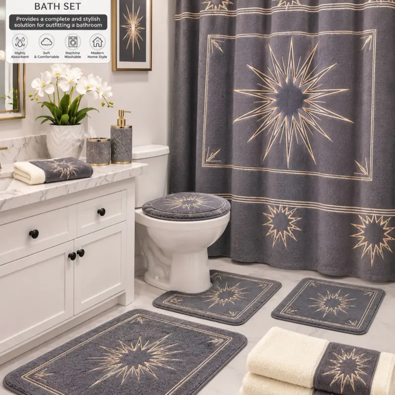 Luxury 19-Piece  complete Bathroom set with shower curtain, Bath mats, Towels & Hooks.