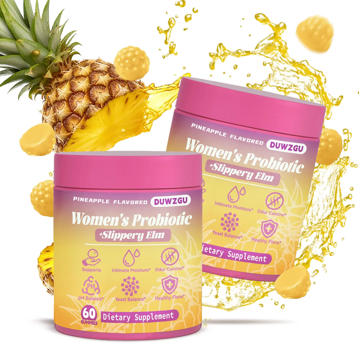 Probiotics Gummies Supplement for pH Balance with Slippery Elm - Pineapple Flavored Dietary Healthcare