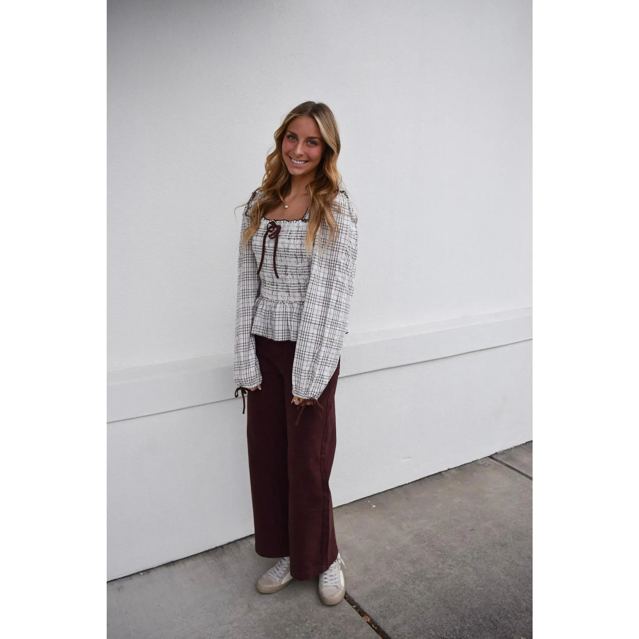 Plaid Smocked Babydoll Blouse