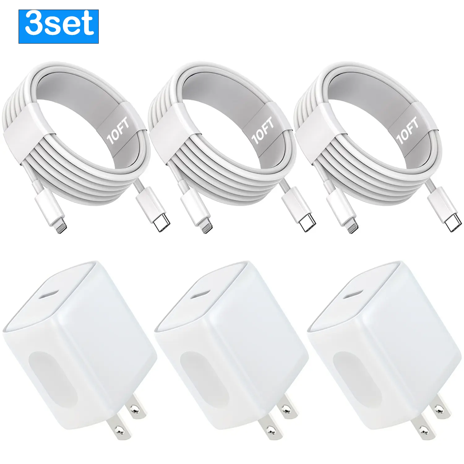 2Pack 20W Charger Fast Charging Block Adapter with 10FT USB-C to Lightning Data Sync Charging Cord for iPhone 14 13 12 11 Pro Max Xs Xr X 8