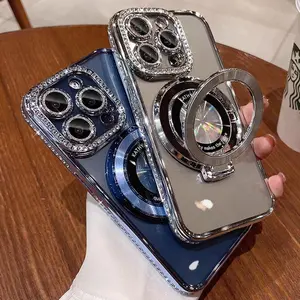 With Bracket,Supports wireless charging,Diamond frame magsafe phone case compatible with iPhone 17/17 pro max/air/16/16Pro/15Plus/15Promax/15Pro/15/14/14Promax/13/12/11 Anti-drop protective casing Military-Grade Camera Girly Transparent iPad Pen Slot Slim