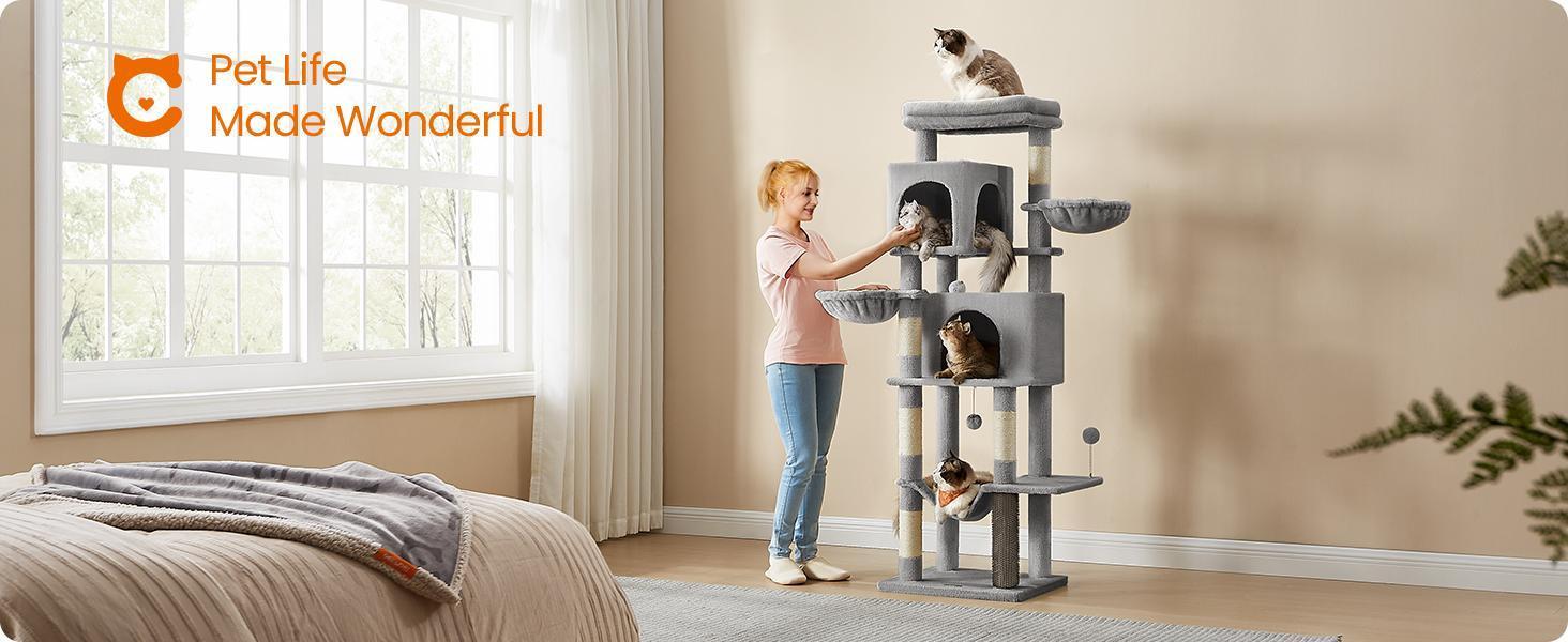 Feandrea Cat Tree, 69-Inch Tall Cat Tower for Indoor Cats, Multi-Level Cat Condo with 2 Caves, 2 Baskets, 5 Scratching Posts, Self-Groomer, Perch, Hammock