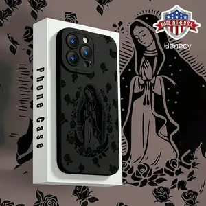 Religious Virgin Floral Pattern Phone Case, Anti-drop Cellphone Smartphone Protective Case, Total Protective Shockproof Mobile Phone Cover for iPhone 16 15 14 13 12 11 Plus/Pro/Pro Max, Flower Protection Casing Screen Protector Black