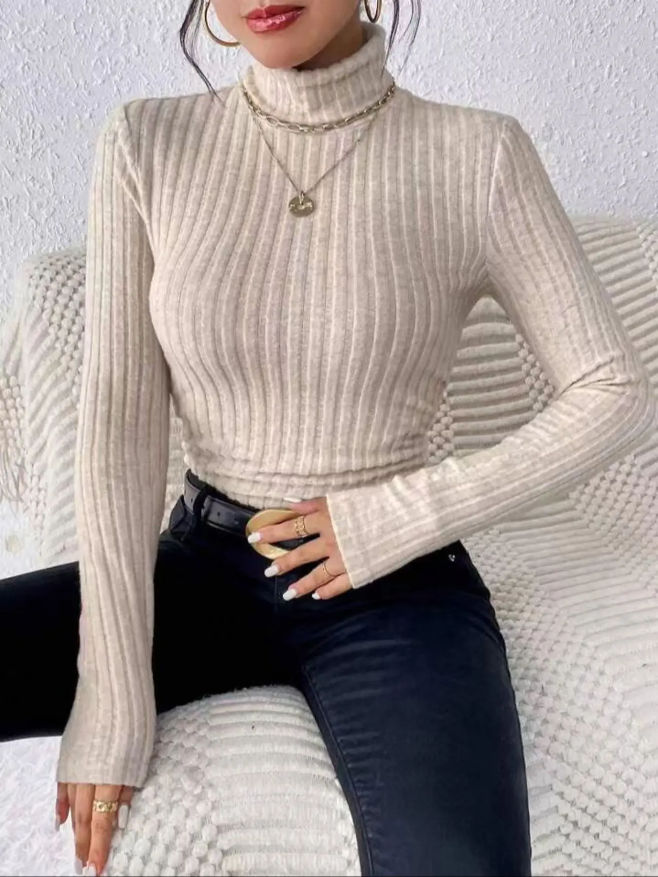 Elegant High Neck Knit Sweater for Women, Slim Fit Ribbed Pullover, Soft Inner Layer Top, Gentle Style Casual Wear, Turtleneck, Long Sleeve, Casual Fashion Knitwear, Knitwear, Knitted Tops, Womenswear