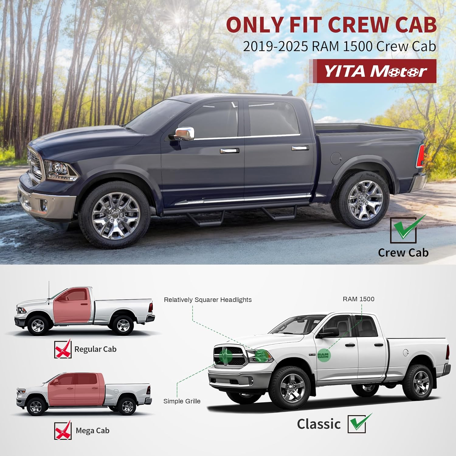 YITAMOTOR Drop Running Boards Compatible with 2019-2025 Dodge Ram 1500 New Body Crew Cab (Not Fit Classic), Tube Side Steps Textured Black Nerf Bars