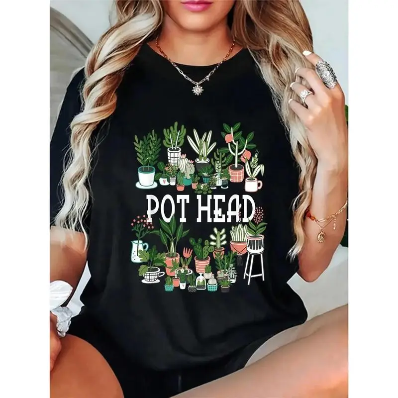 Women's 100% Cotton Round Neck Short Sleeve T-Shirt - Fitted/Loose Piece, Pot Head Succulent Print for Plant Lovers, Breathable Fabric for Summer, Simple Design, Basic, Matching, Shortsleeve, Soft, Tops, Straight, Outdoors, Fitted Cut, Pot Head Print, Con