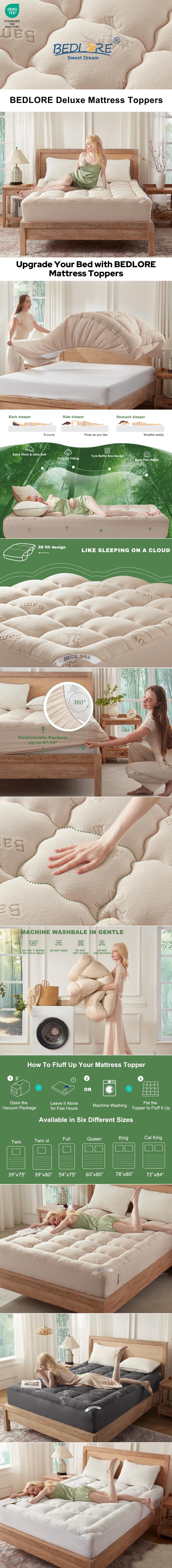 [Valentine’s Day]【BEDLORE】Thick Fitted Sheet Mattress Pad, Fluffy Pillow Top Comfort Layer, Cooling & Soft Mattress Cover with Deep Pockets (Fits 6–18 Inch Mattresses), Ideal for Bedroom & Home Use