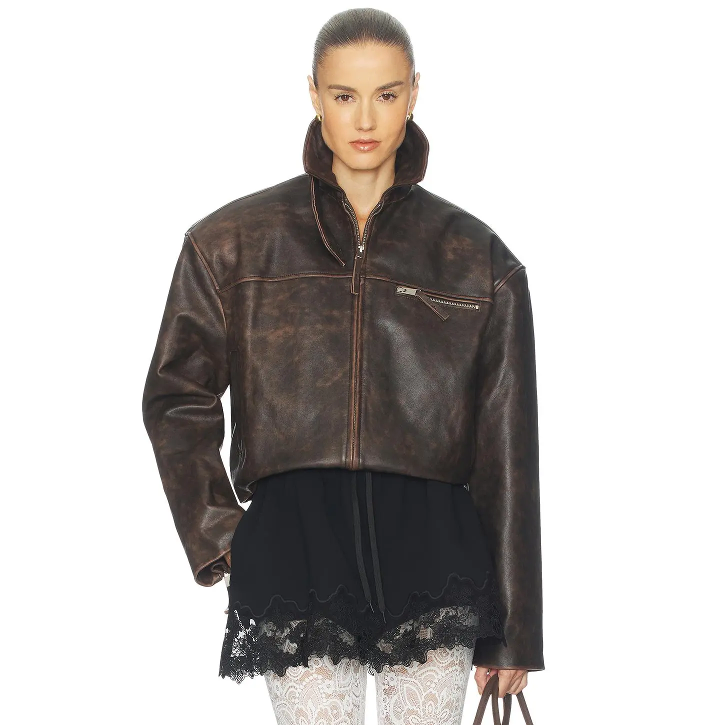 Helsa The Leather Oversized Moto Jacket in Brown Distressed