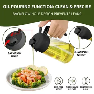 16oz 470ml 2 in 1 Olive Oil Dispenser and Sprayer Bottle for Kitchen, Glass Oil Spray Bottle with Pour Spout, Fine Mist Cooking Oil Bottle for Salad, BBQ and Air Fryer, Precise Oil Control 0.15g per Spray, Leak Proof Kitchen Oil Container