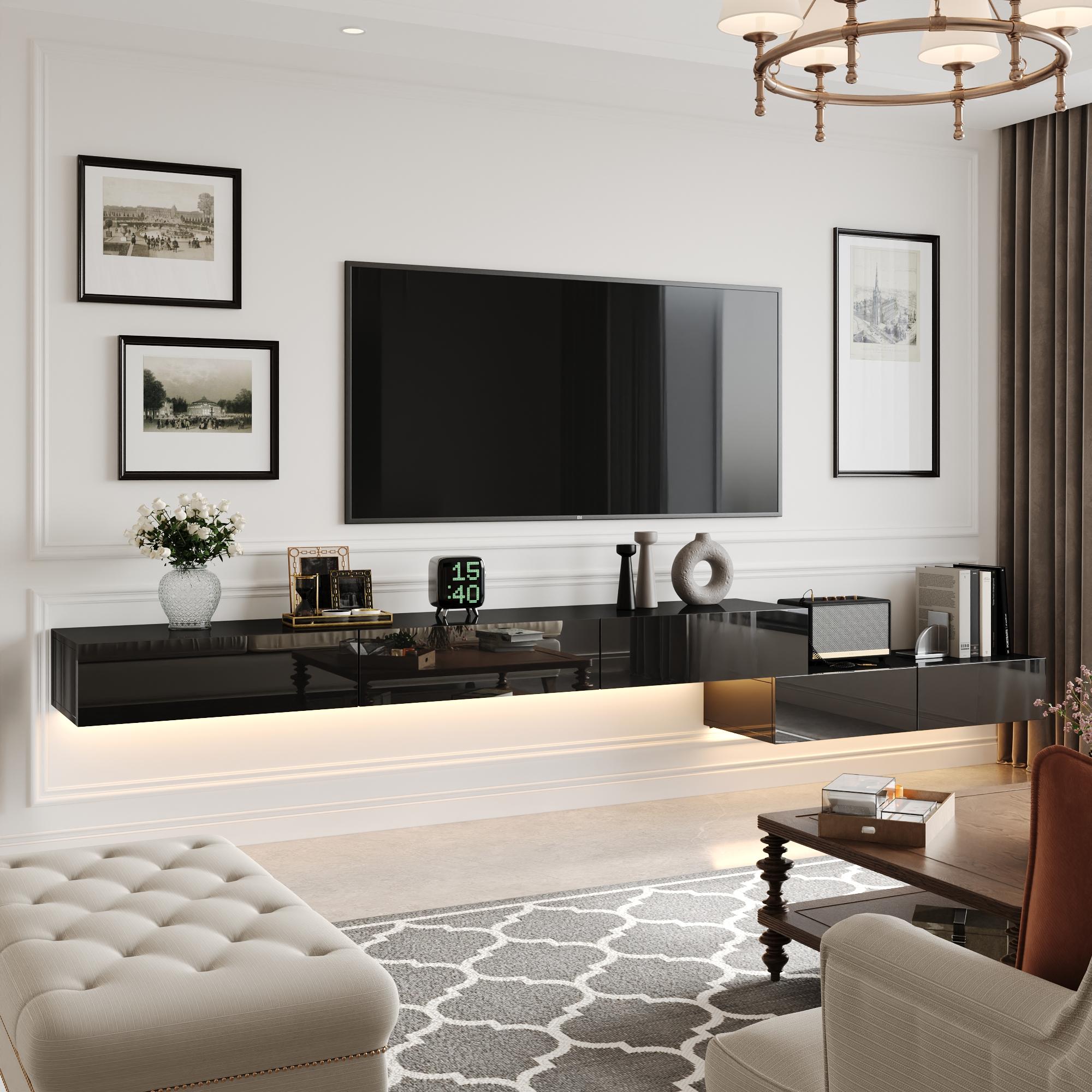 FUFU&GAGA Floating LED TV Stand for TVs up to 70", Wall Mounted Wood Media Console with Glossy Surface & 44 Color LED Lights