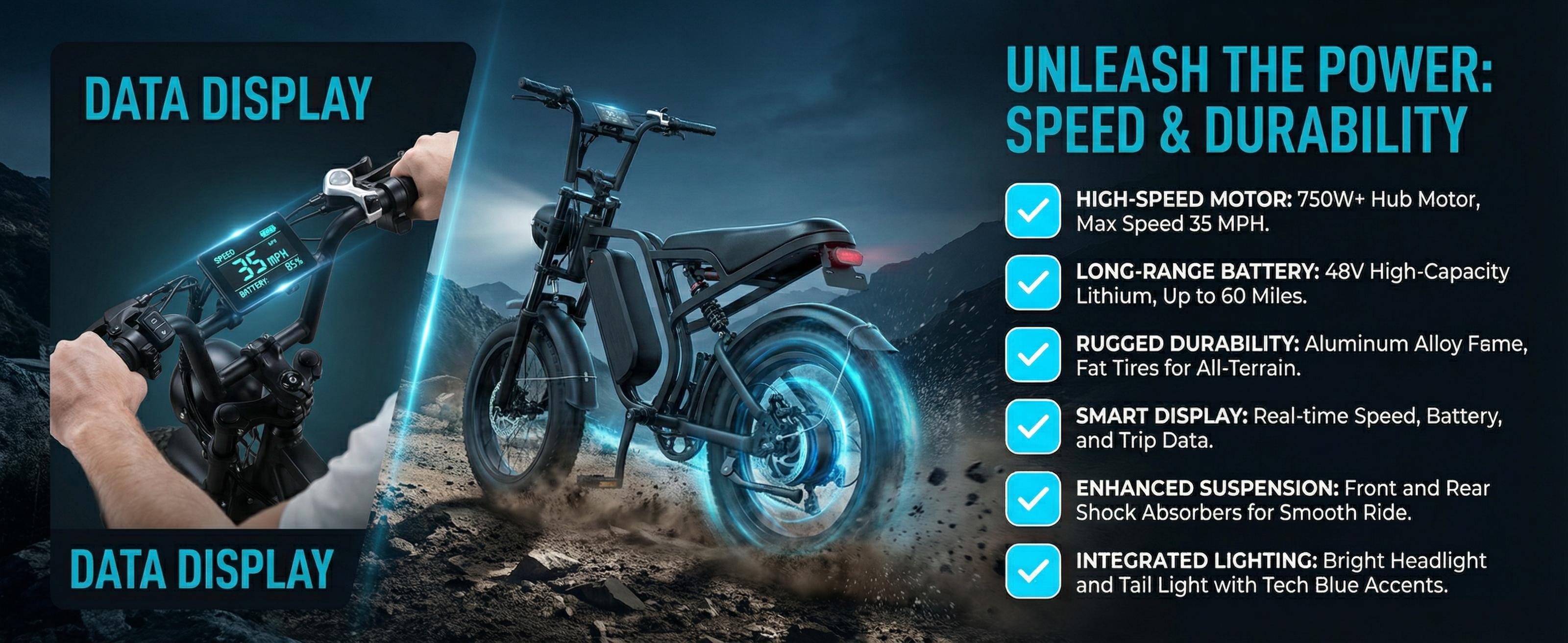 PASLDA ebike 1500W All-Terrain Electric Bike 34MPH Top Speed 48V 15.6AH Battery 20×4.0 Fat Tire 90N.m Torque Shock Absorption Shimano 7-Speed Gear System LCD Display