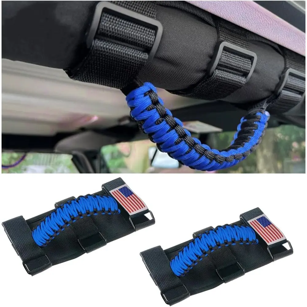 2PCS Roll Bar Grab Handles for Wrangler - Oxford Cloth Upgrade, Metal Buckle Power, Paracord Grip, Stay in Place Straps, Durable Car Interior Stowing Accessories (Blue, Fits JL,JLU,JT,JK,JKU,TJ,LJ,YJ)