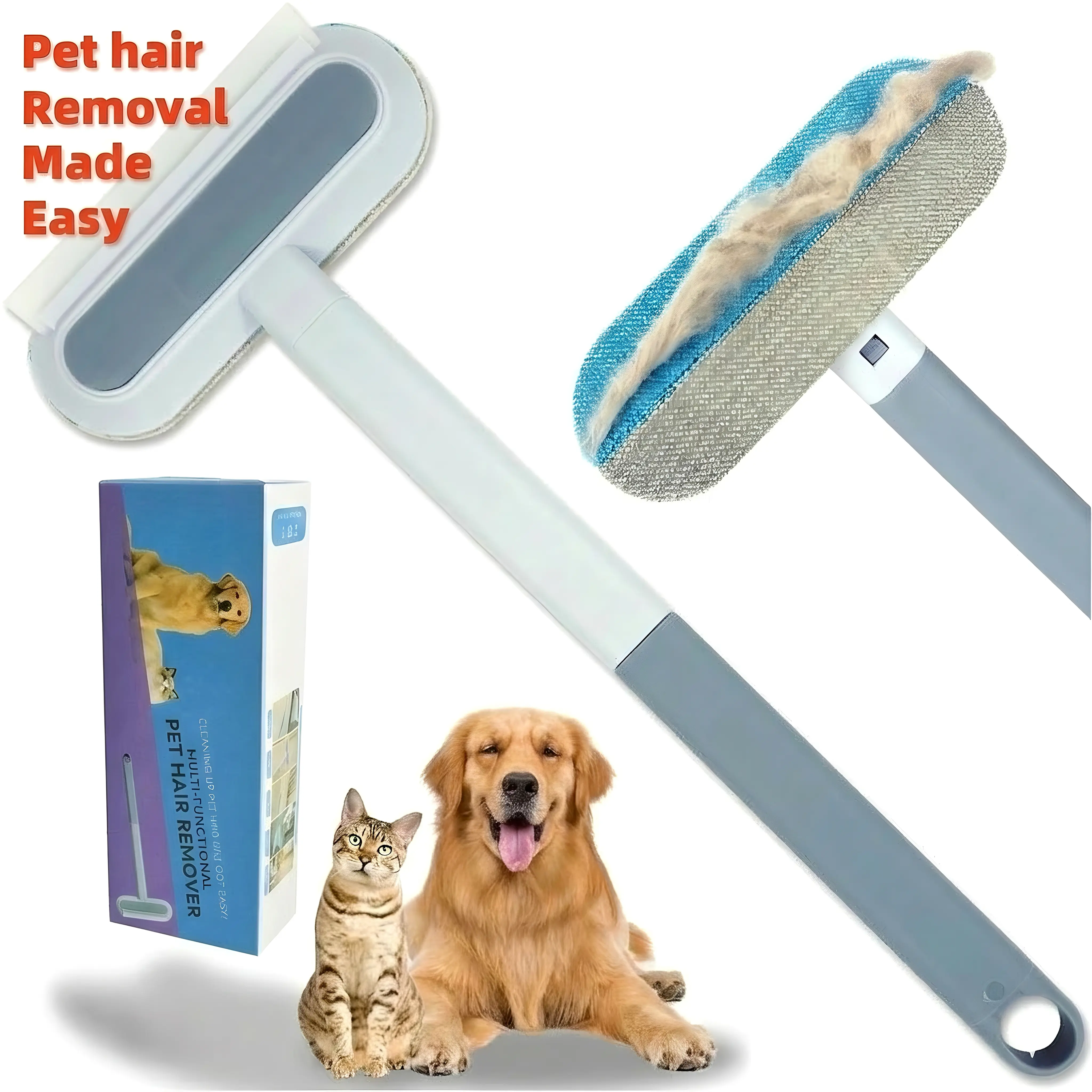 【4 in 1】Multi-functional Pet Hair Remover, Reusable & Washable Dog & Cat Hair Removal Tool with Extra Long Handle, Lint Cleaner Squeegee for Furniture, Carpet, Clothes, Bedding, Car, Window