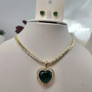 (C42) green heart pendant and earrings  14kgoldplated