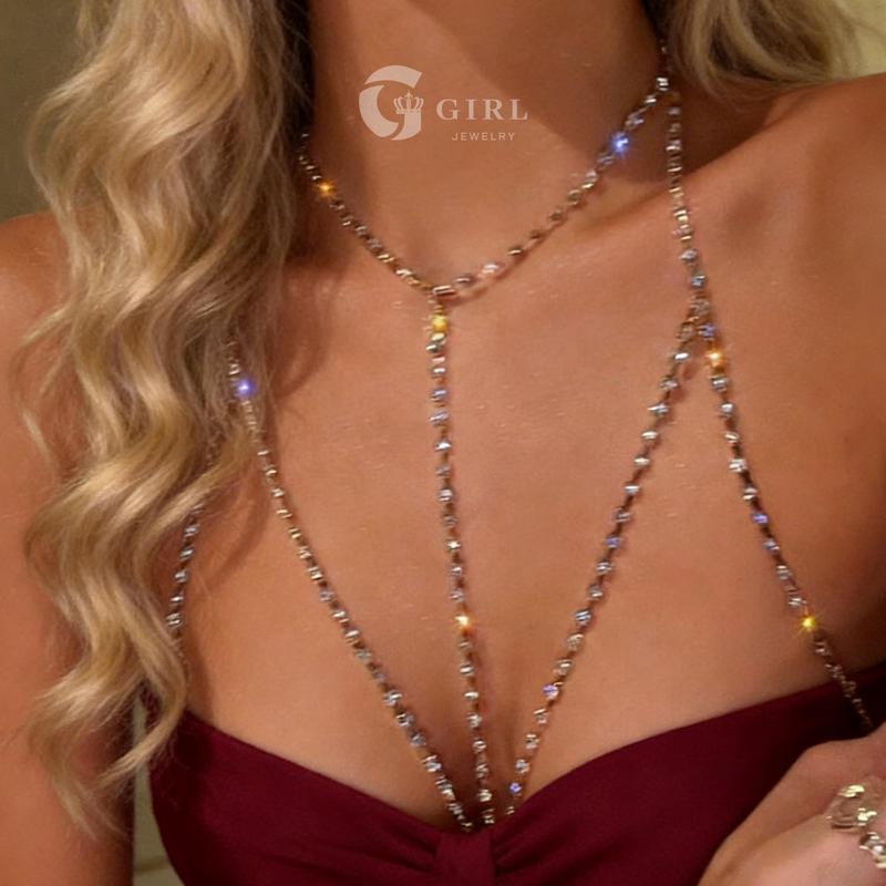 GGIRL 18K Gold Plated Sexy Body Chains for Women,  Layered Bra Body Chain Sparkly Artificial Crystal Chest Chain Beach BIkini Party Club Body Jewelry for Women and Girls