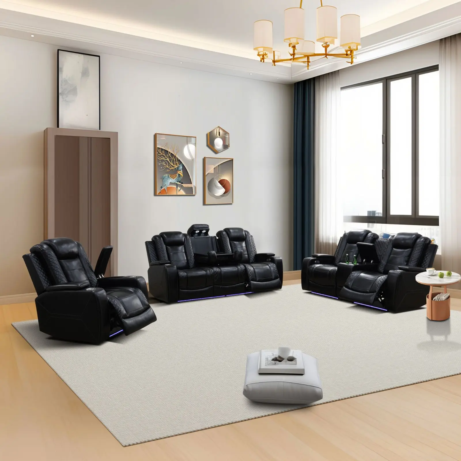 PU Leather Recliner Sectional Sofa Set for Living Room, Power Recliner Chair with LED Lights, USB Port, Storage Console & Cup Holders, Ergonomically Adjustable Seat