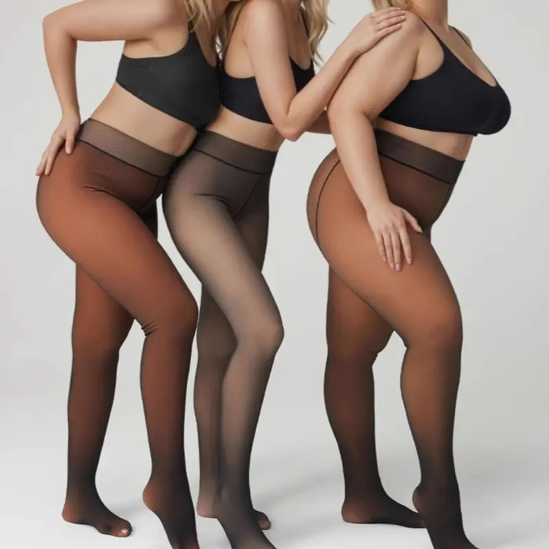 Women's Sexy Basic Fleece-Lined Closed-Foot Leggings - Pantyhose-Like Winter Comfort Tights, Plus Size Available, Brown Fur Option