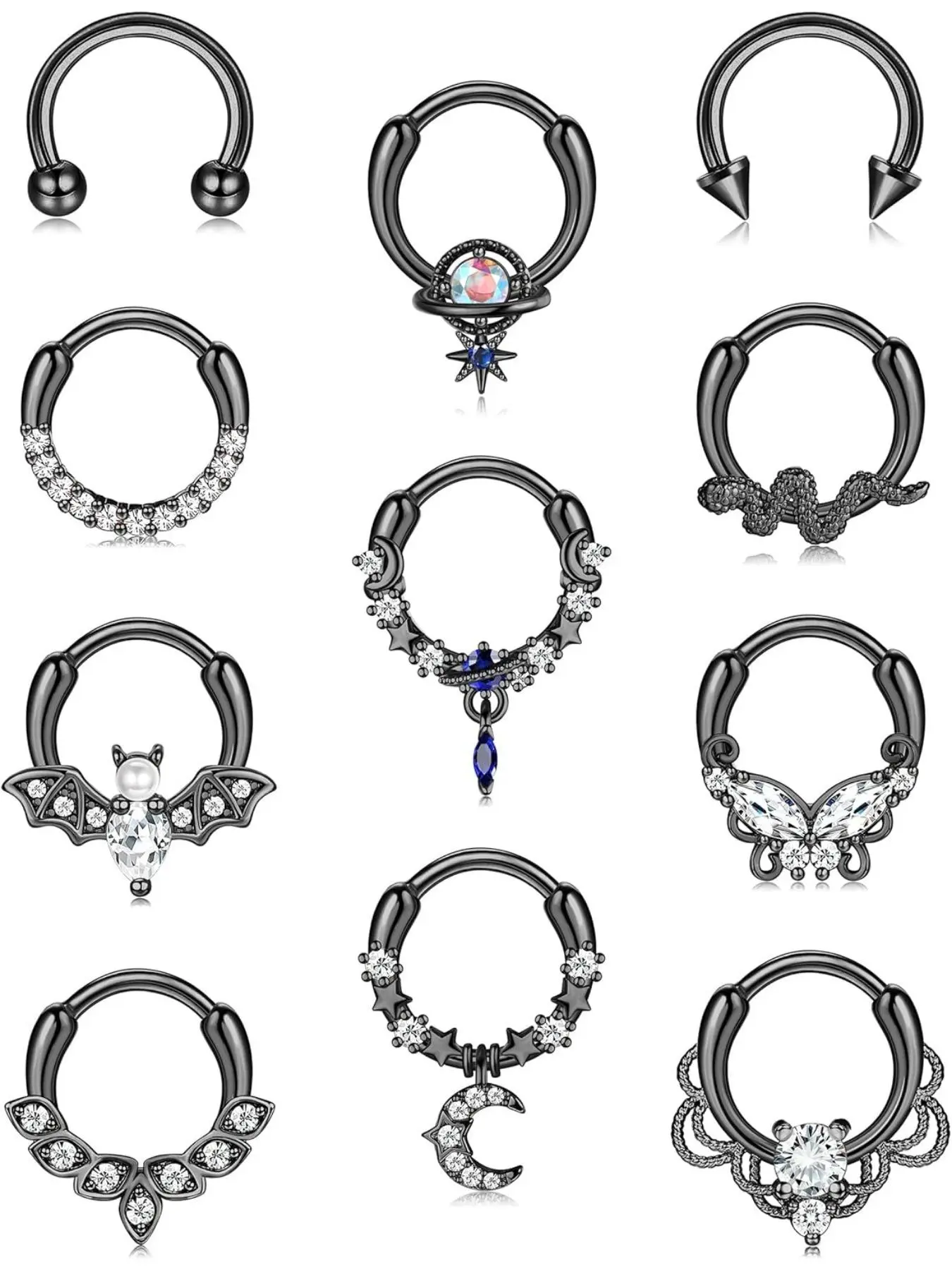 11pcs 16g Septum Rings Labret Jewelry, Cute Snake and Butterfly Designs for Piercing, Stainless Steel Body Piercing Jewelry Daith Earrings Set Septum Clicker Ring, Septum Pierced Ring