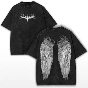Y2K Gothic Angel Wing T-Shirt for Men and Women Washed Grunge Vintage Streetwear Tee Dark Aesthetic Graphic Top Soft Cotton Oversized Outfit Edgy Angel Wings Print Shirt for Casual Wear Trendy Y2K Gothic Fashion Menswear Street Style
