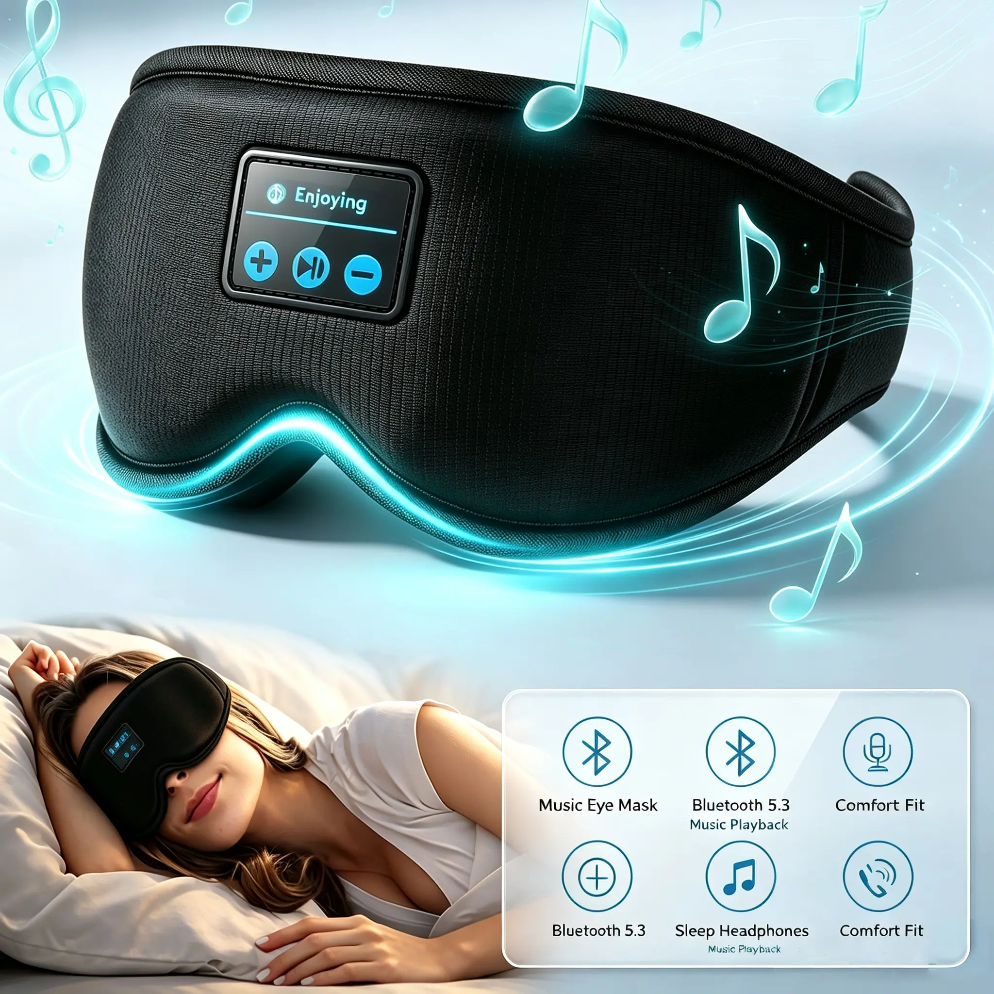 3D Bluetooth Sleep Mask Headphones - 100% Blackout Wireless Eye Mask, 15H Playtime, HD Stereo, Adjustable for Side Sleepers, Travel Use, Ideal Christmas New Year Gift for Adults