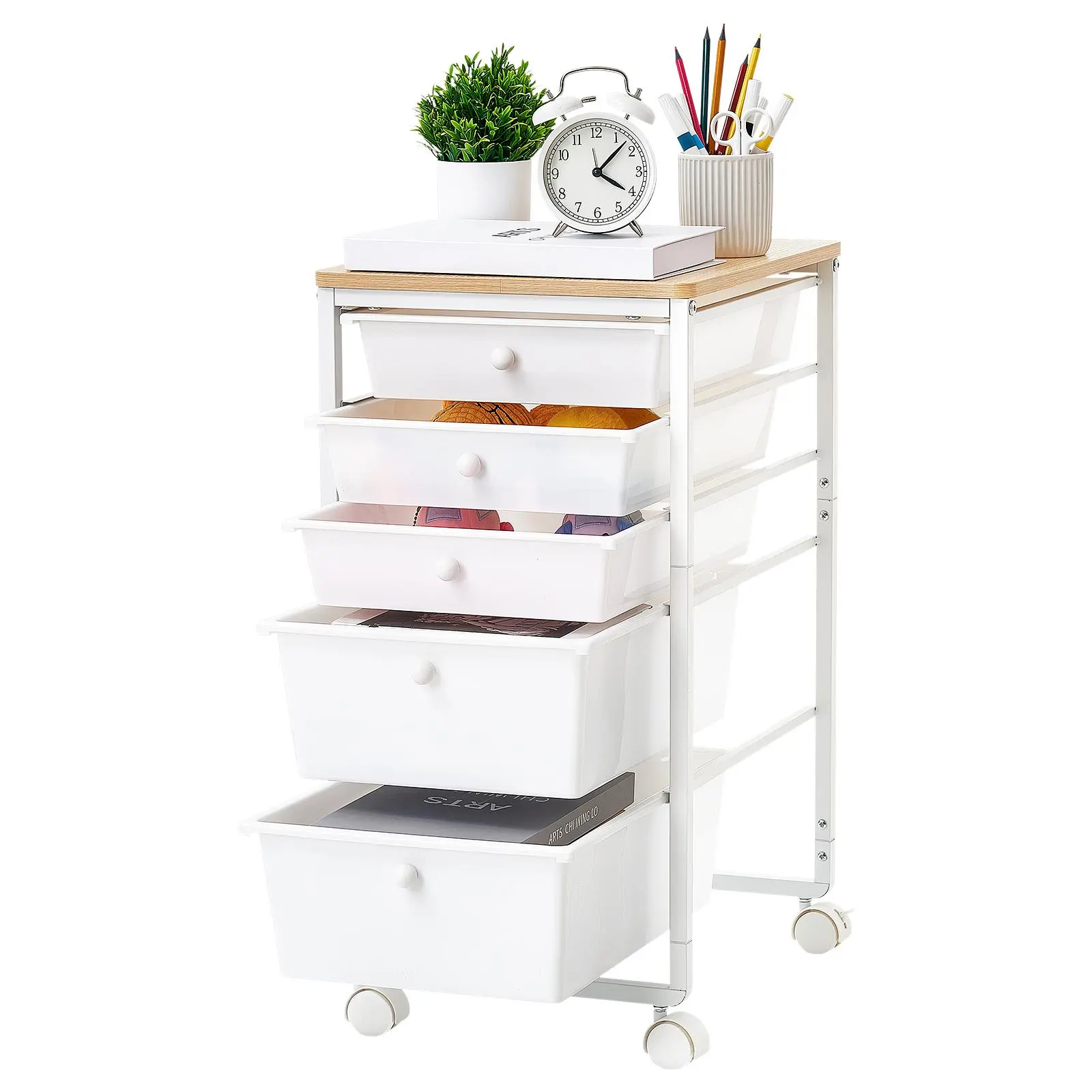 VEVOR Compact 5-Drawer Rolling Storage Cart with Wood Top, Steel Frame, Rolling Wheels, 2 Brakes, Racks, Single Unit Mobile Utility Organizer for Indoor Use Office/Bedroom, White,dorm room inspo,college dorm essentials,dorm haul
