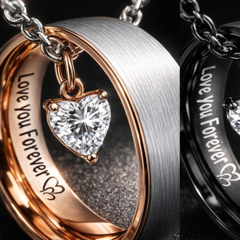 September  Couple Necklace Set with Matching Split-Heart Ring Pendants for Him & Her, Interactive Design, Minimalist Commemorative Jewelry, Valentine’s Day & Birthday Gift for Girlfriend and Boyfriend