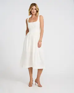 Express Linen-Blend Basque Waist Smocked Back Midi Dress with Pockets