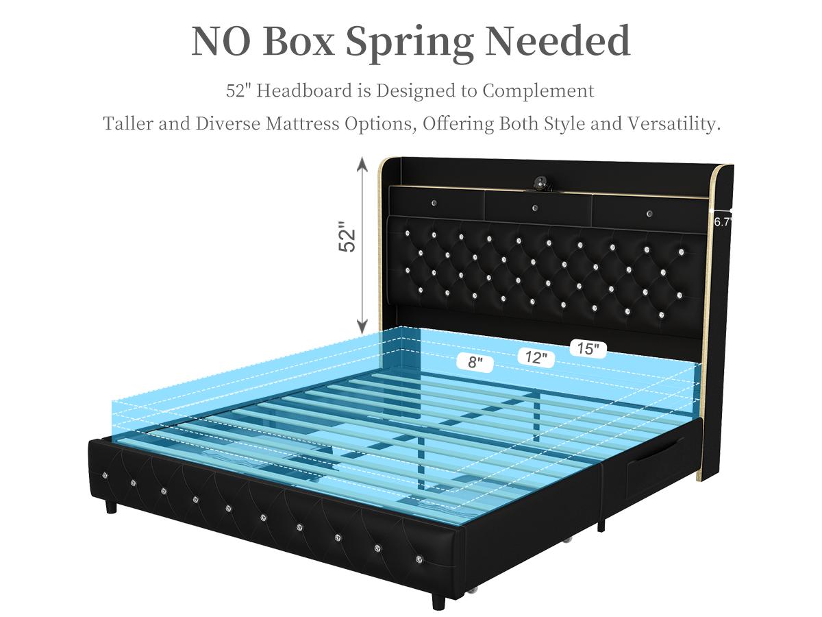 Sibeds Queen LED Bed Frame with Bookcase Storage Headboard, Galaxy Star Projector, 2 Storage Drawers, Noise-Free, Tall Tufted Headboard, No Box Spring Needed, PU Leather Black,Modern Design Home Interior Furniture