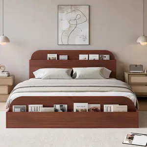 Queen Size Bed Frame, Wooden Beds with Storage Headboard and Raised-Foodboard, Queen-Floor Low Platform Bed for Bedroom, Sturdy Wooden Slats Support, No Box Spring Needed, Espresso