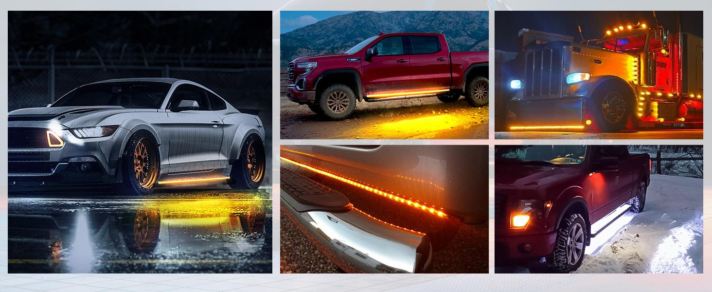 DIBMS 71" Running Board Lights 2PCS LED Strips w/Sequential Amber Turn Signal, DRL, White Courtesy Light for Extended Crew Cab Trucks Pickup Trailer, Side Wing Glow Light white courtesy light