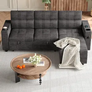 Garvee 84'' L-Shaped Sectional Sleeper Sofa with Pull-Out Bed, Reversible Storage Chaises, Hidden Storage Armrests, Cup Holders, USB Charging Ports – Comfortable Living Room Couch