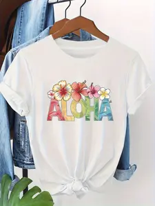 Plus Size, Plus Size Women's Hawaiian ALOHA Graphic T-Shirt - Vibrant Tropical Hibiscus & Plumeria Print, Short Sleeve Crew Neck Casual Summer Top, Breathable & Machine Washable Hawaiian Shirt for Women