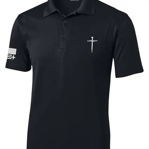 TRENZ SHIRT COMPANY Men's Relaxed Fit Golf Polo Shirt - Christian Embroidered Nail Cross, Flag Sleeve, Button-Closure, Moisture Wicking, Breathable, Patriot Faith Mix, Sporty Look, Wear Faith on the Course Casual Collared Sportswear Top