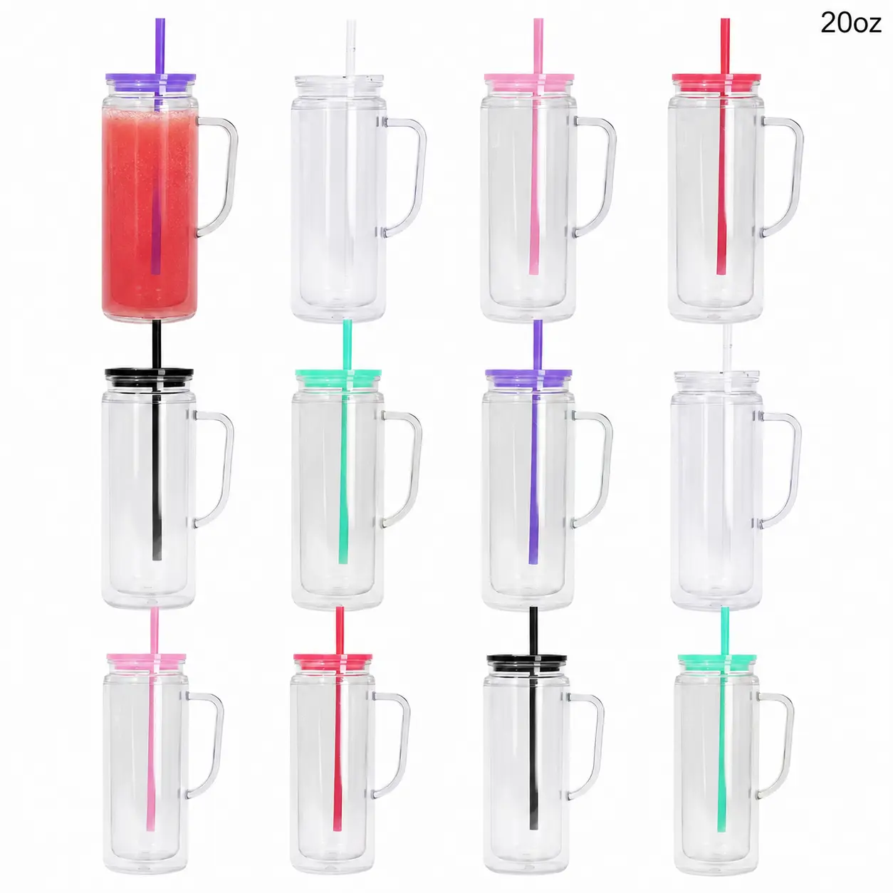 12pcs/ctn 20oz Plastic Double Wall Snowglobe Tumbler with Handle, 20oz Plastic Clear Water Bottles with Handle Ideal for Back to School, Graduation, Sports Training, Summer Camps & After School Activities Perfect for Hydration with Water