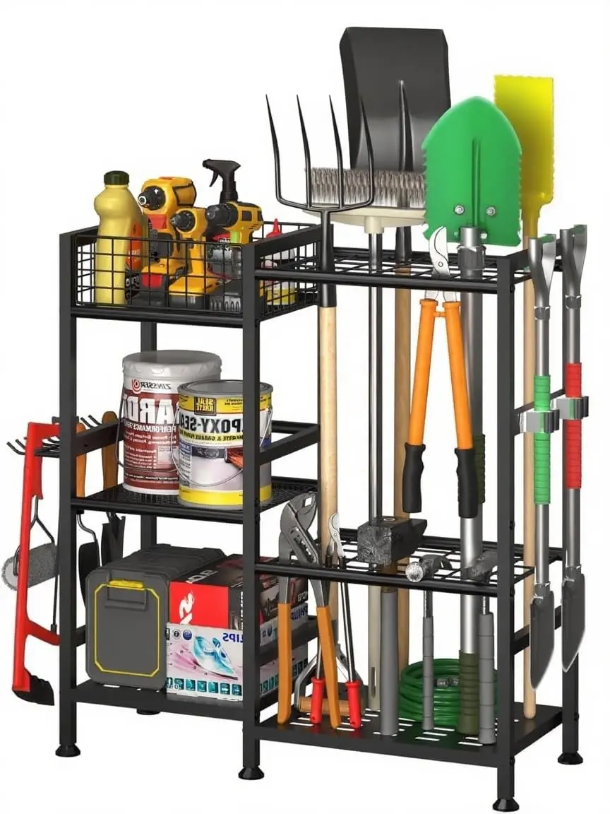 Garvee Heavy Duty Garden Tool Organizer with Basket and 6 Shelves, 3-Tier Yard Storage Rack Featuring 35 Long-Handled Slots for Efficient Yard Shed and Lawn Tool Storage